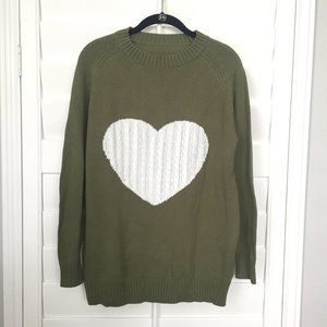 Olive Green / White Heart Scoop Neck Sweater L